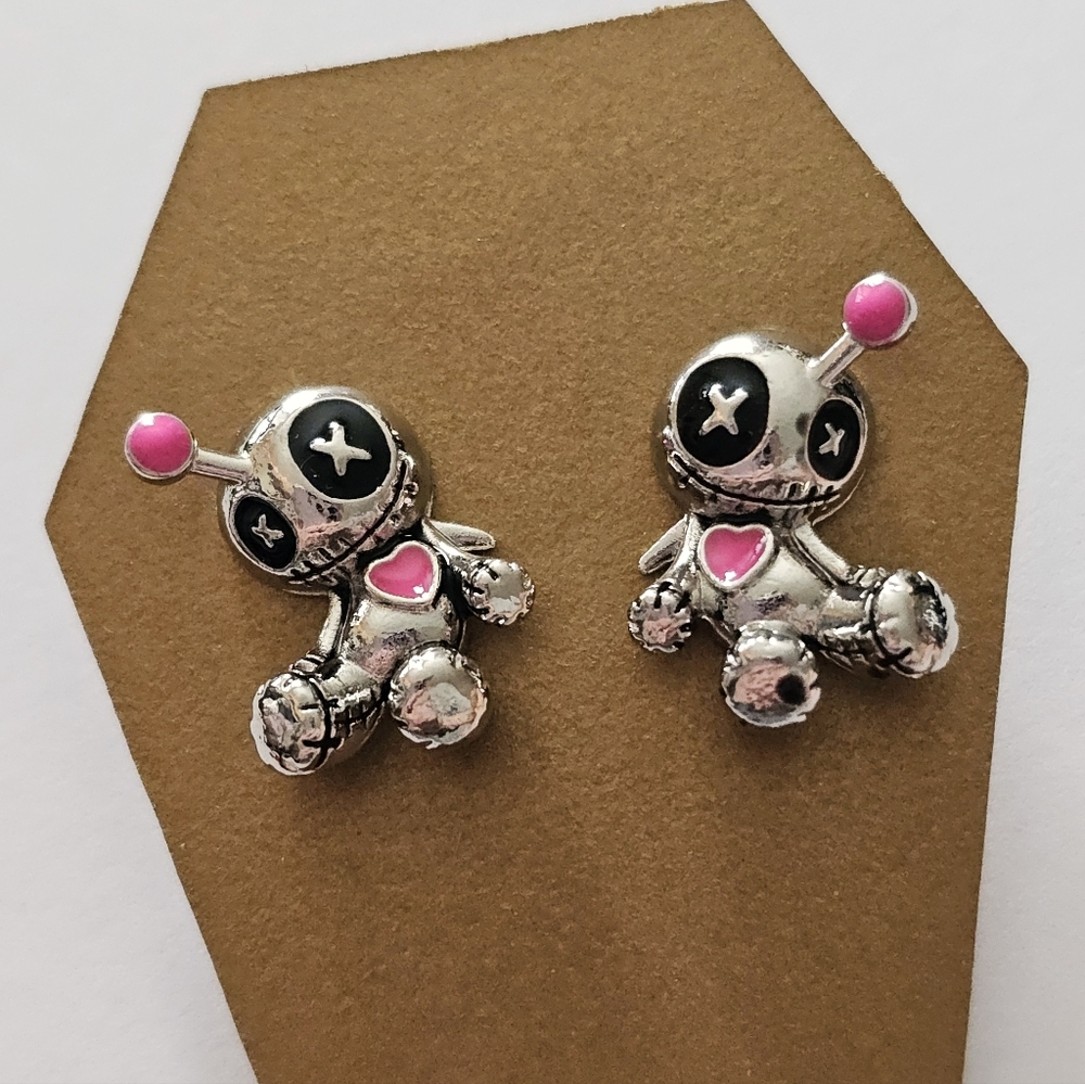 Silver and Pink Voodoo Doll Earrings